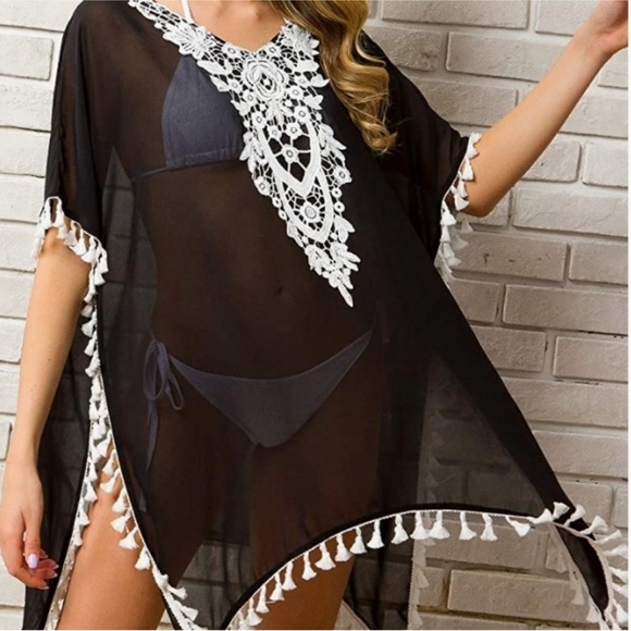 CPOKRTWSO Women’s Crochet Chiffon Tassel Swimsuit Beach Bikini Cover Up 2XL - Picture 8 of 8